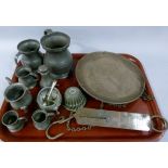 Six pewter tavern measures, a two piece pewter cruet, a small copper jelly mould, a Salters improved