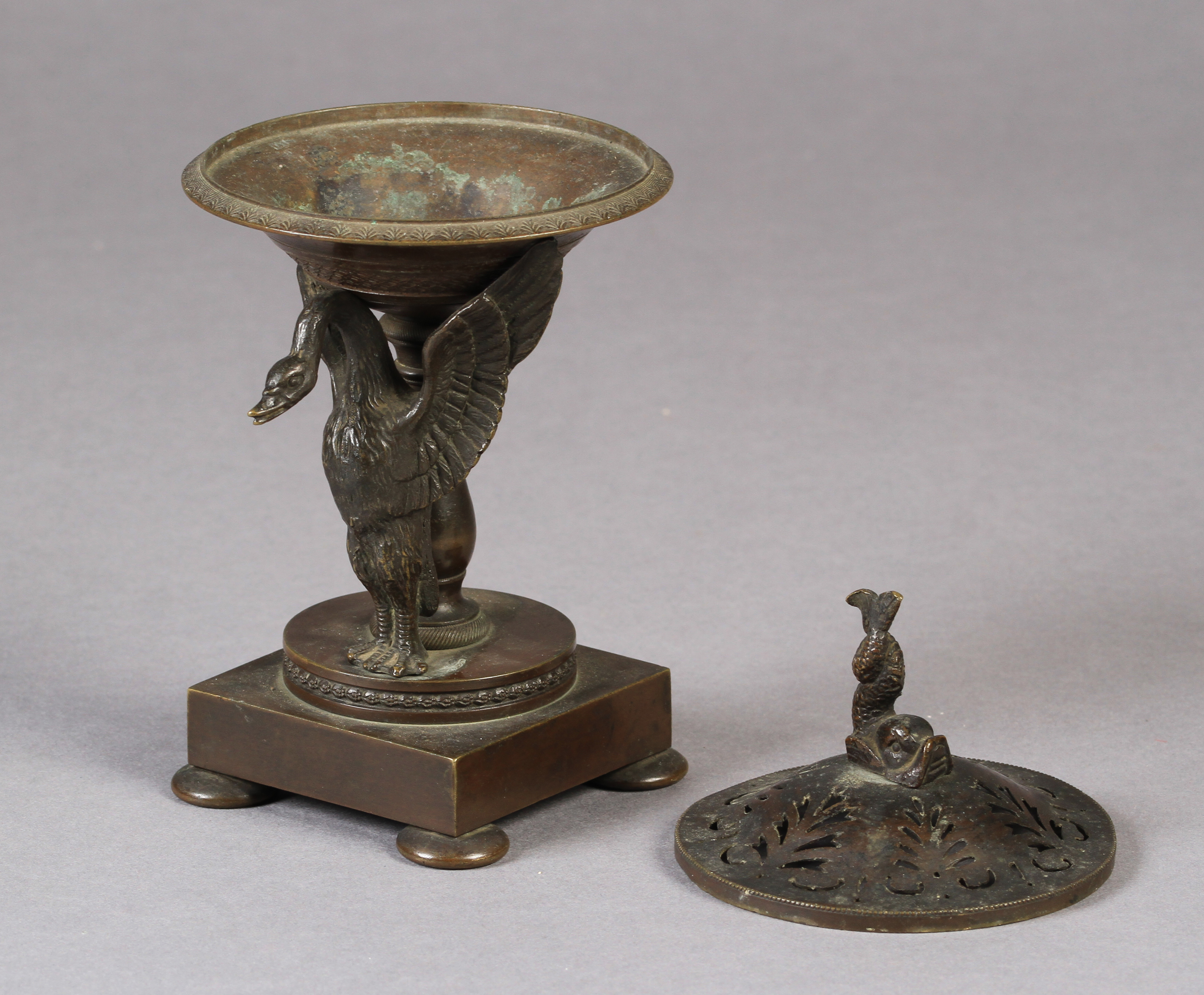 A small 19th century bronze brazier of shallow urn form on a pedestal base, the single swan mount - Image 3 of 3