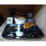 A quantity of Victorian black papier maché items including tray, circular dish and two lidded