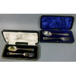 A spoon and fork with bright cut decoration in fitted case, Sheffield 1929, together with another