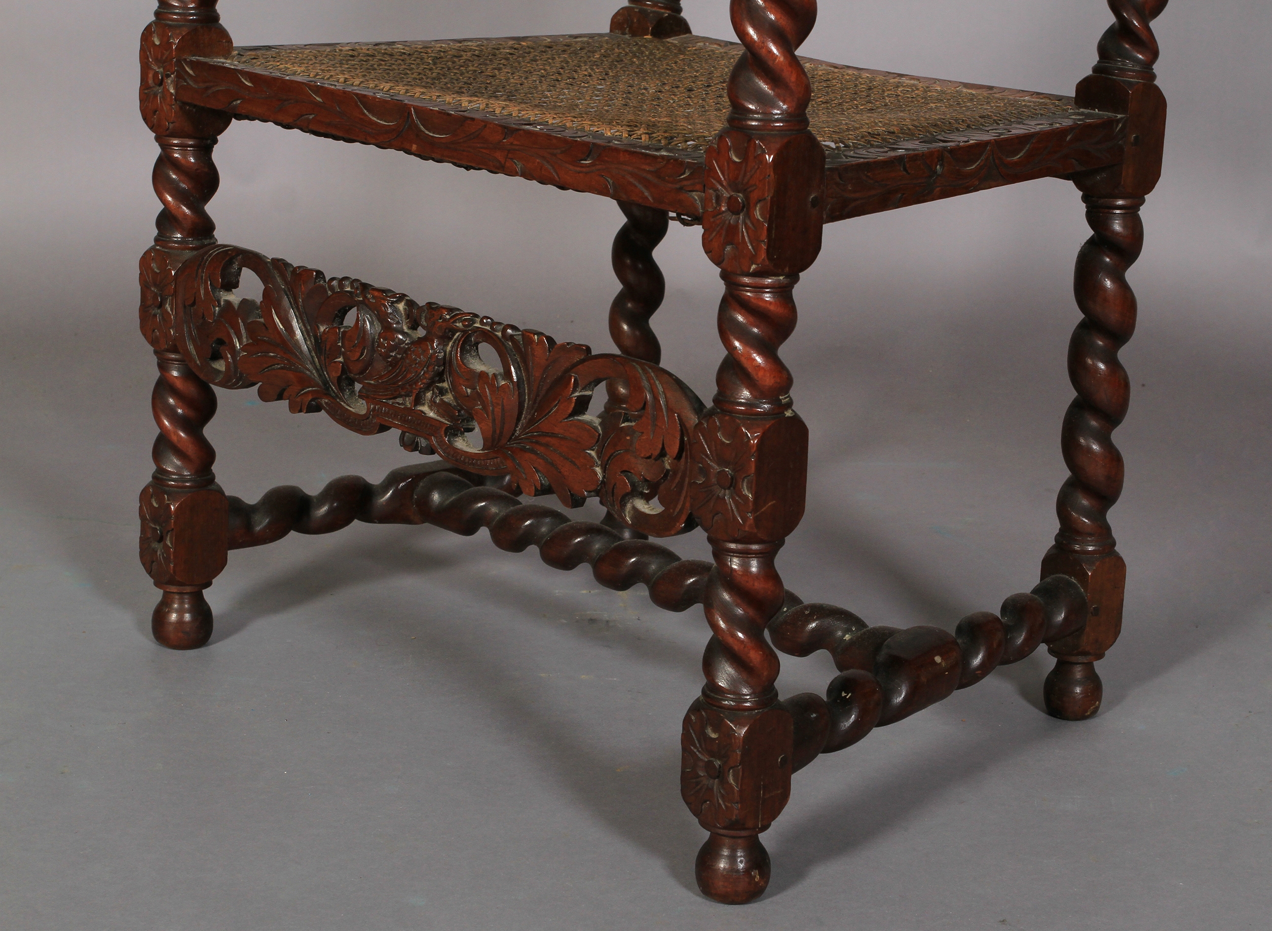 A Charles II style walnut armchair 19th century, having a pierced cresting carved with pair of birds - Image 4 of 4
