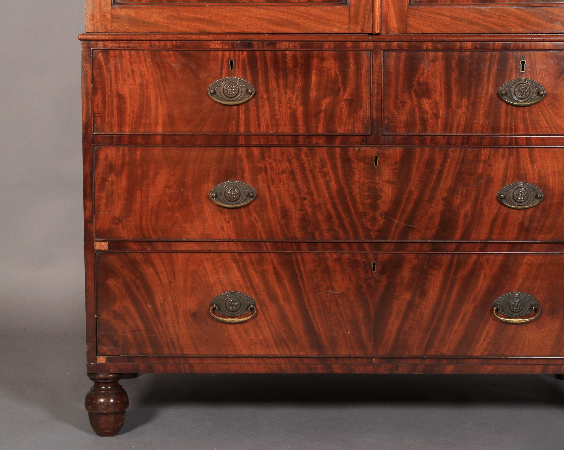 A George IV mahogany clothes press with flared moulded cornice over pair of figure doors enclosing - Image 2 of 4