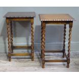 A pair of oak occasional tables, the square tops with moulded lips above barley turned legs joined