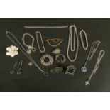 A collection of silver and silver gilt jewellery including brooches, bracelets, pendants, chains and