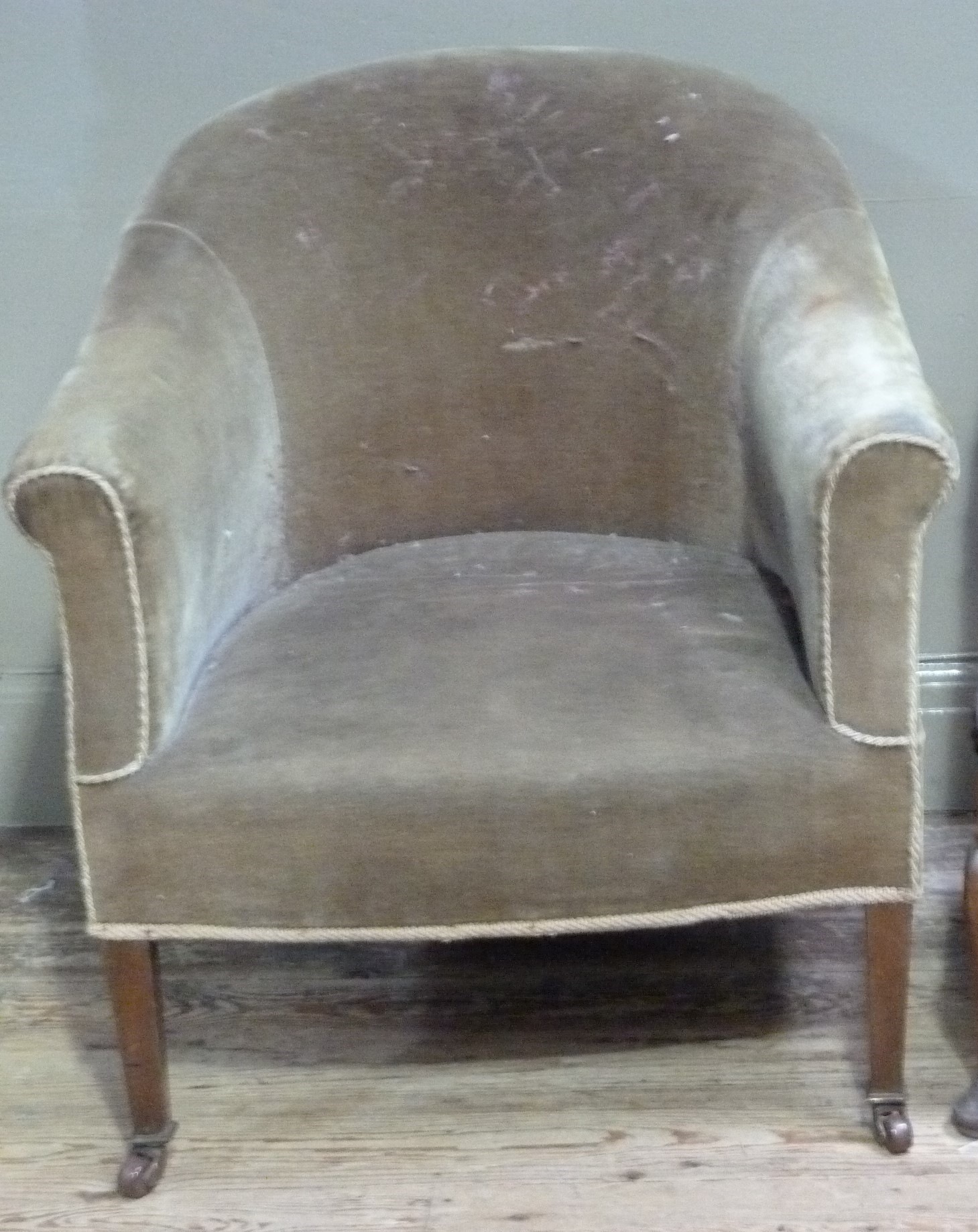 An Edwardian tub shaped armchair upholstered in velvet and on square tapered legs with ceramic