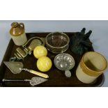 Two reproduction yellow glazed carpet bowls, a silver plated bottle coaster, stoneware items,