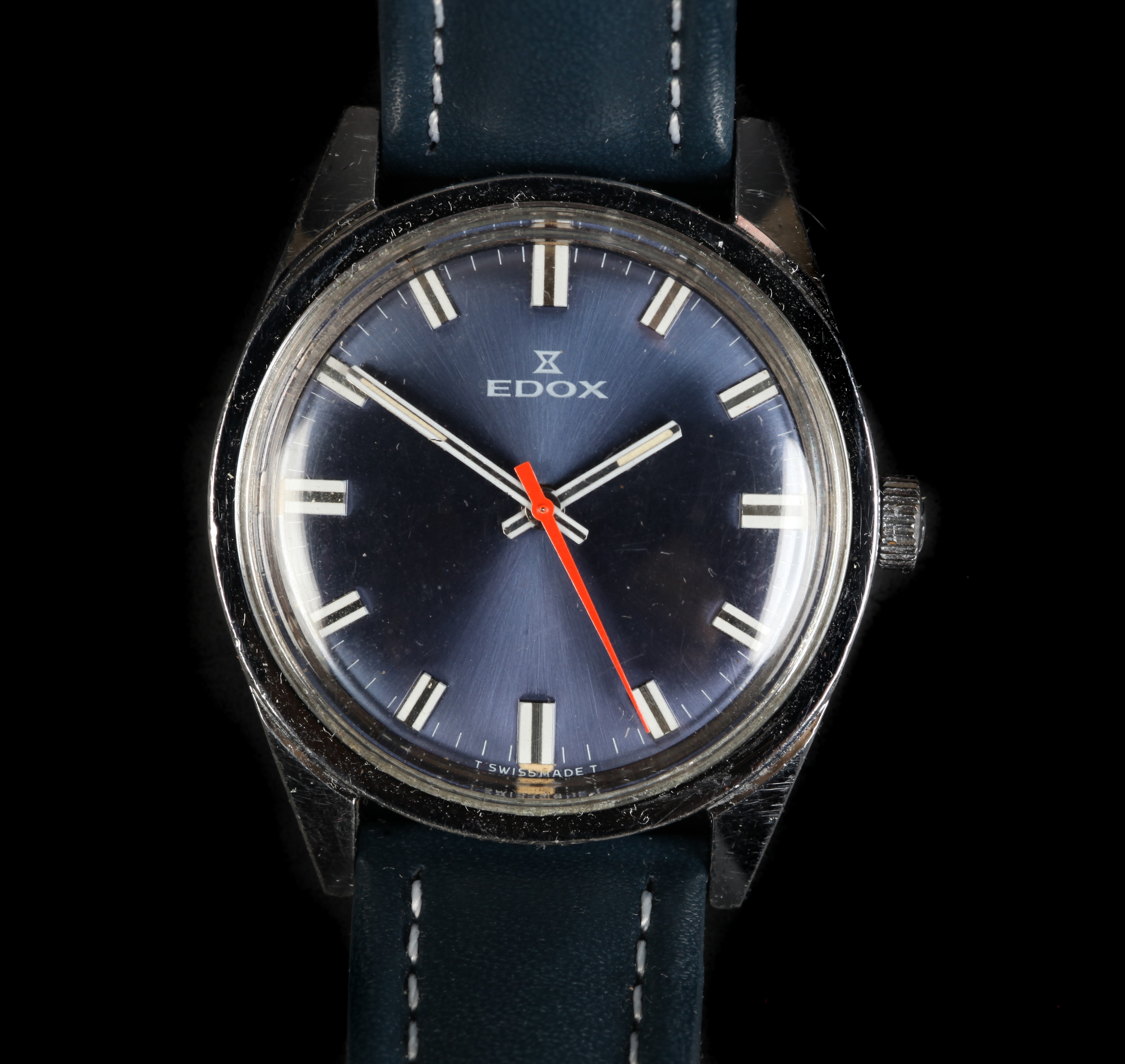 An Edox gentleman's stainless steel wristwatch, c.1970, manual jewel lever movement, metallic blue