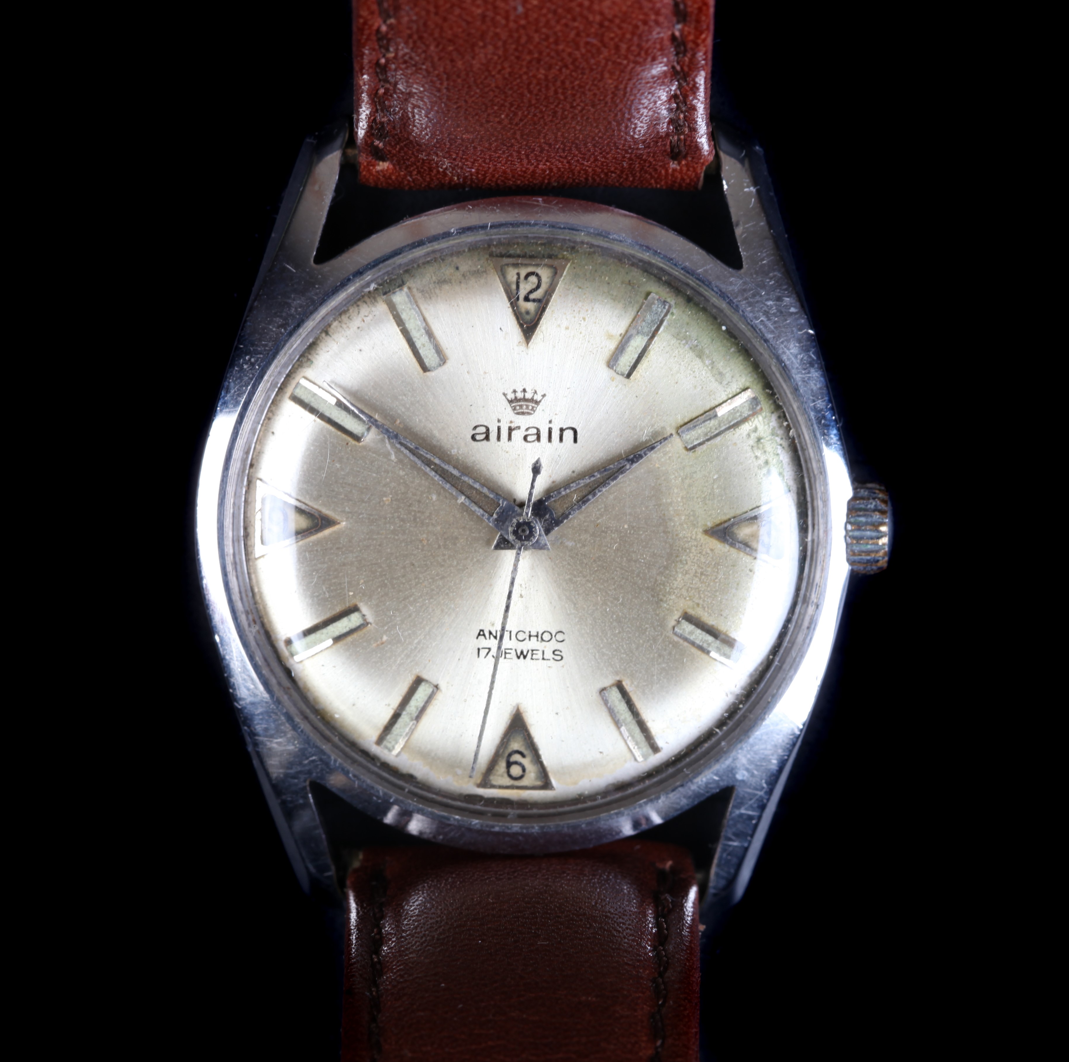 An Airain gentleman's stainless steel wristwatch, c.1965, manual 17 jewel lever movement, silvered