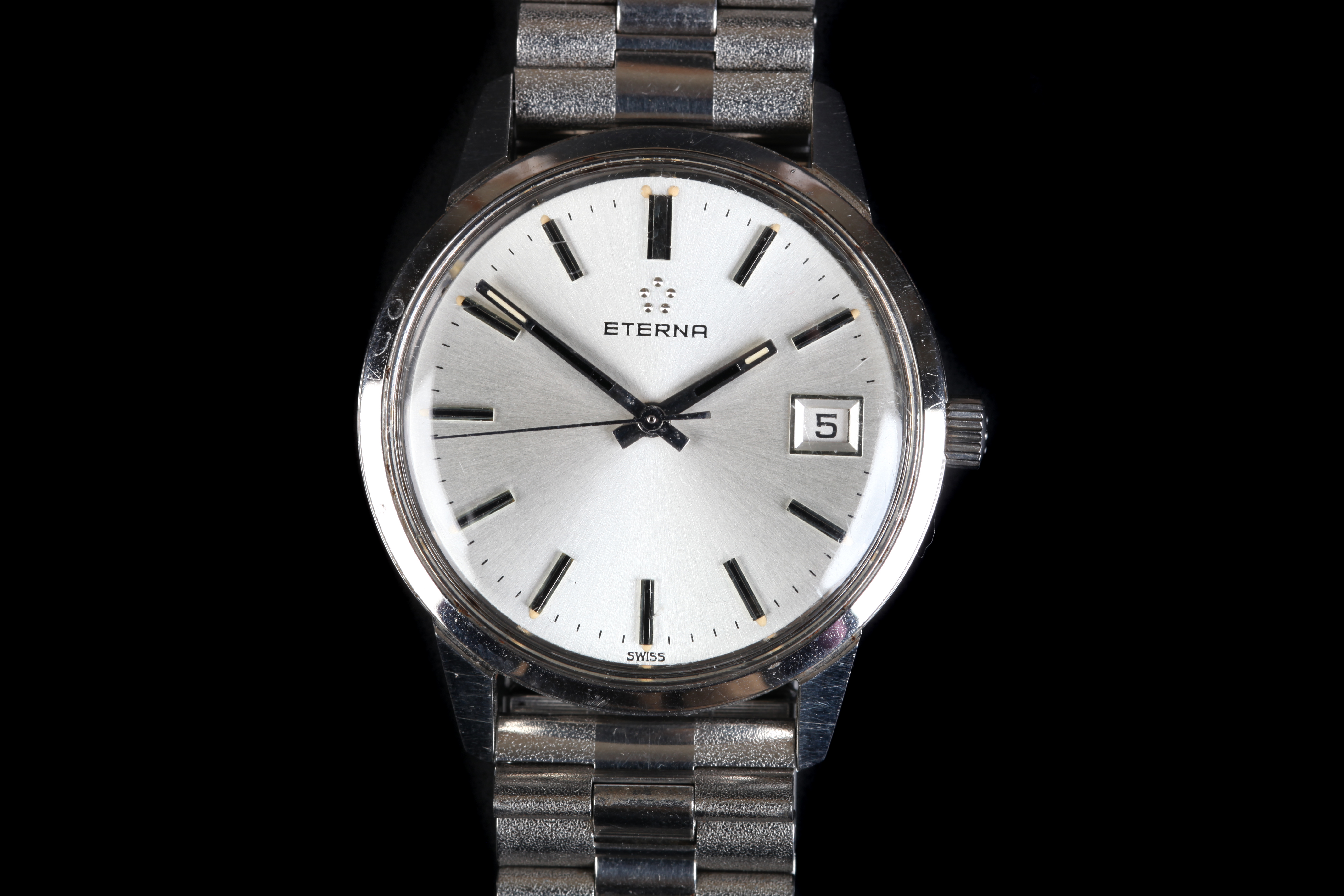 An Eterna gentleman's stainless steel wristwatch, c.1970, manual jewel lever movement, satin