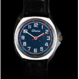 A Devina gentleman's chromed wristwatch, c.1965, manual lever movement, metallic blue dial, white