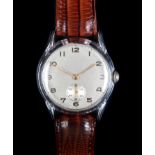 A gentleman's stainless steel dress wristwatch c.1950, manual jewel lever movement, silvered dial,