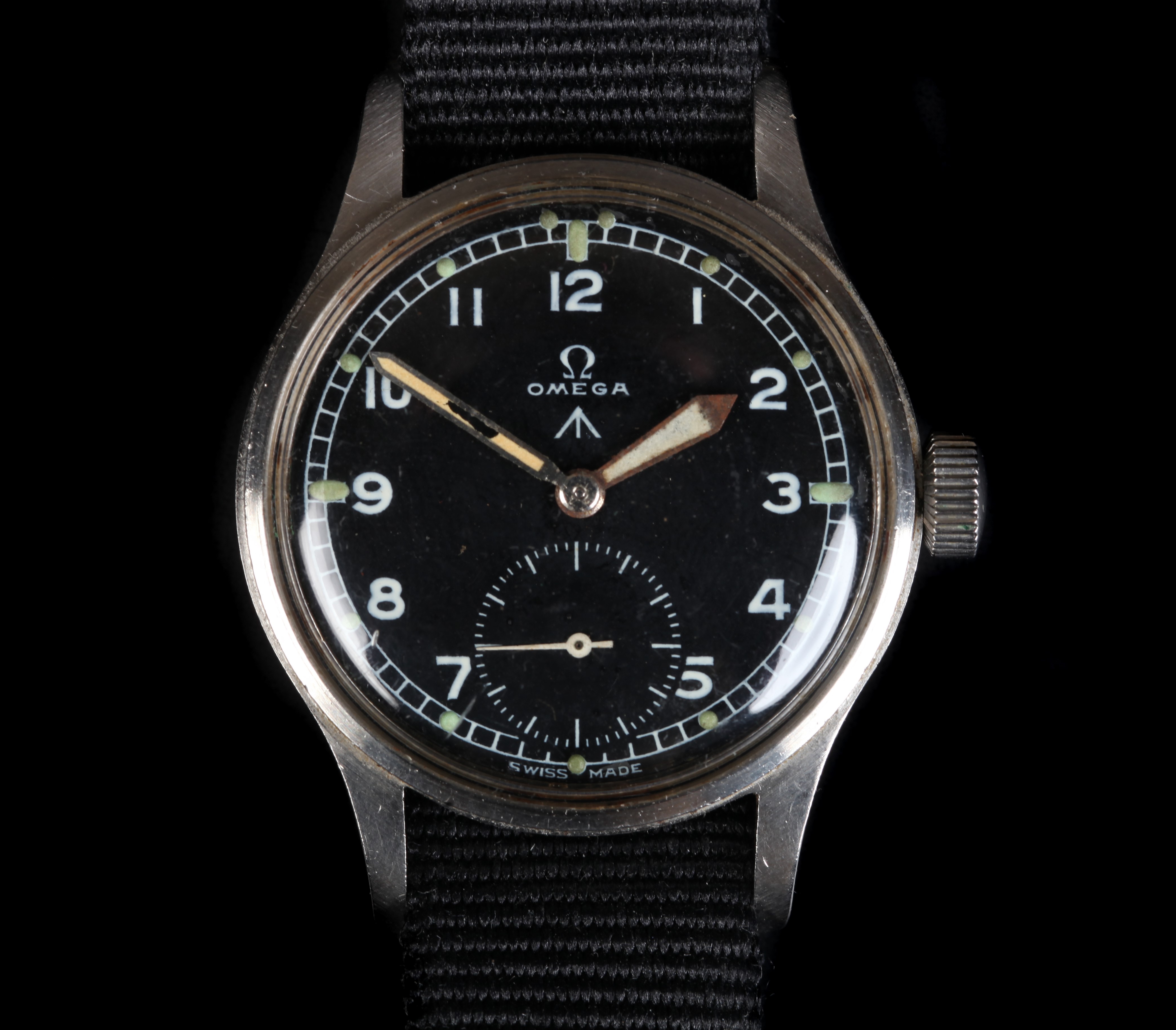 An Omega gentleman's WWII stainless steel wristwatch, c.1945, manual jewel lever movement, black