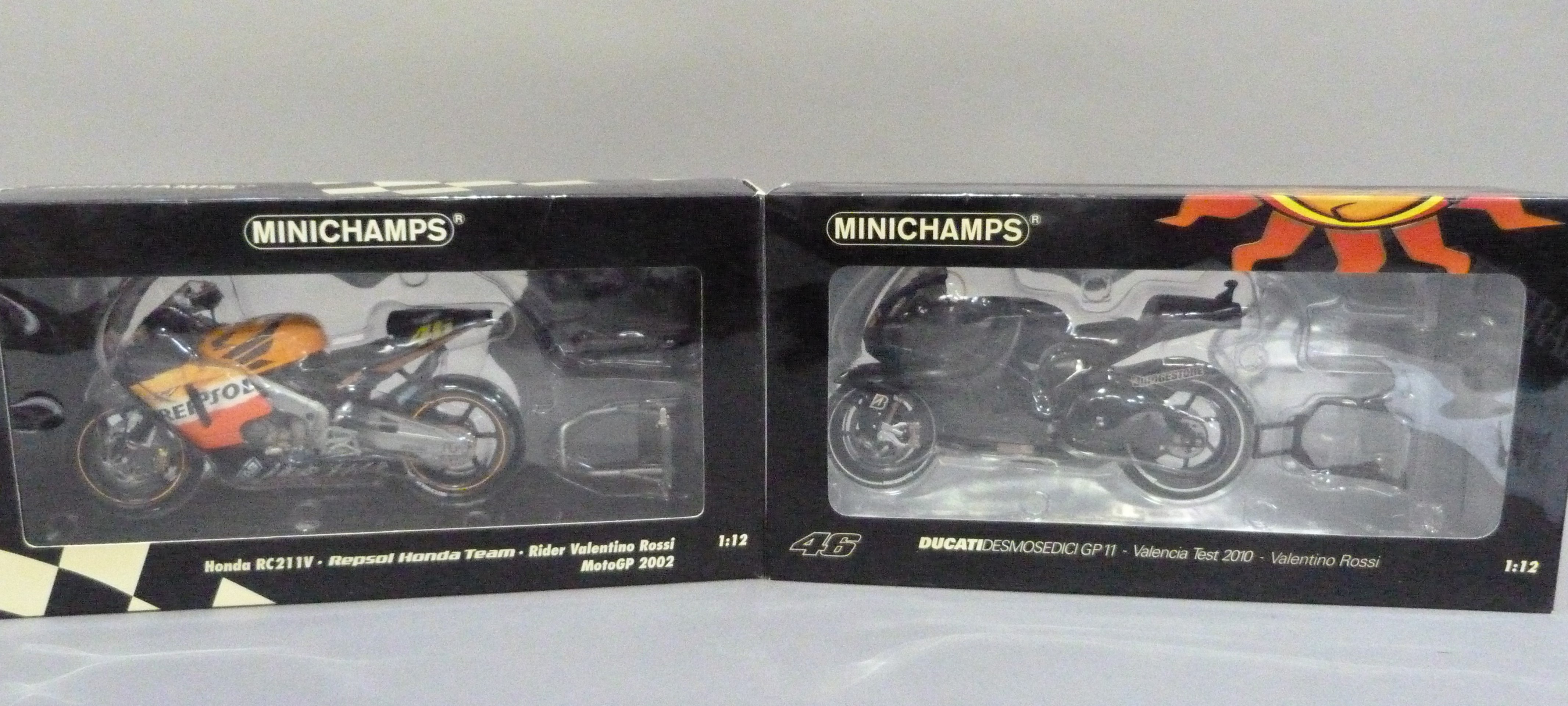 Minichamps 1:12 Ducati Desmosedici GP11 Valentino Rossi Valencia Test 2010, boxed and Honda RC211V