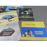 Car dealer's brochures, c.1960s for Austin Healey 100, New MGA, Morris Oxford, British Motor