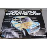 A Mini dealership poster for BMC, c.1970s 'Fast As Nastase But Without the Racket', promoting the