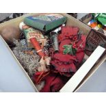 Vintage Christmas decorations including crackers together with a pair of roller skates and a pair of