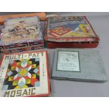 Compendium of games, boxed, multi patt mosaic, picture puzzle blocks, Puzzle Rings, two soft toys,