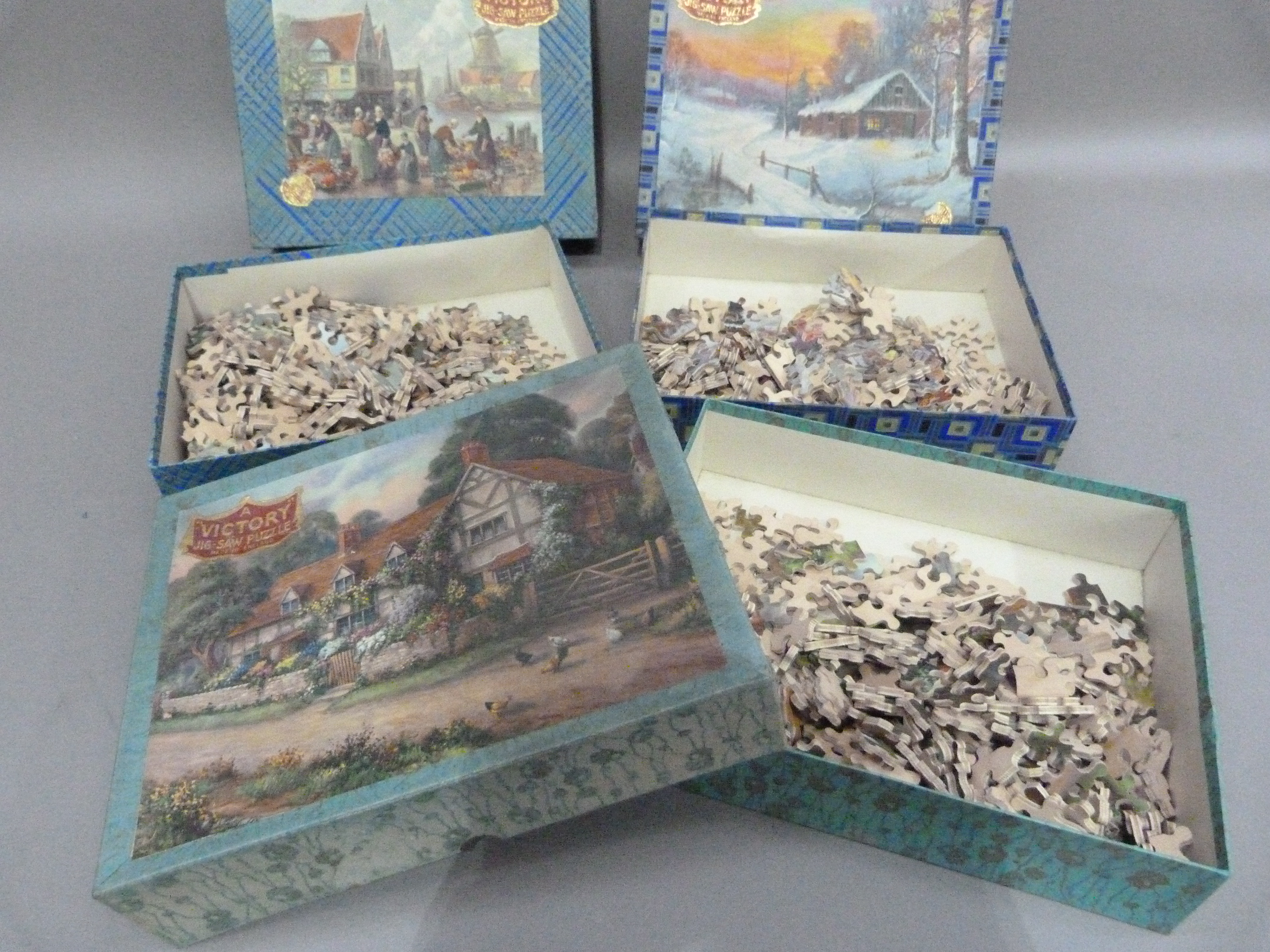 Three Victory Jig-Saw puzzles, approximately 300 wood pieces, snow covered woodland cottages, - Image 2 of 2