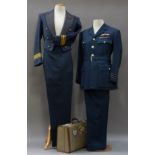 A mid 20th century RAF dress uniform and a parade uniform and small vintage suitcase
