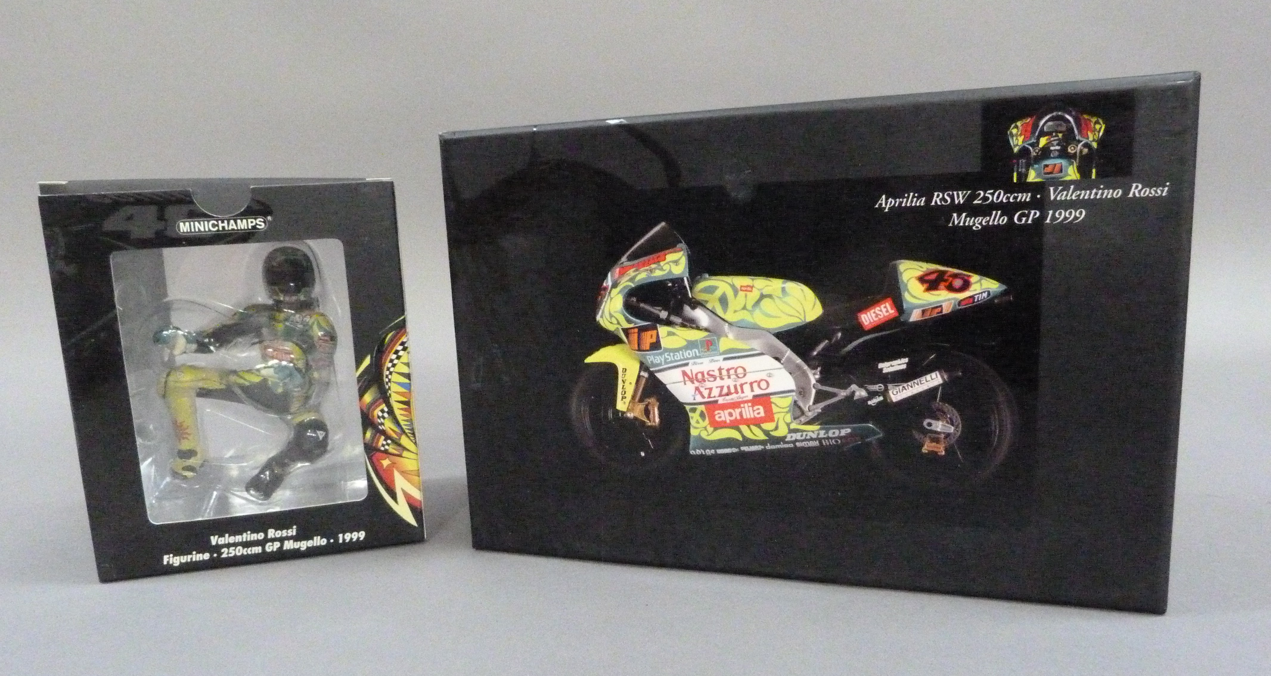 Minichamp 1:12 Aprilia RSW Valentino Rossi Mugello GP 1999, boxed, Valentino Rossi figurine GP