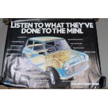 A Mini dealership poster for BMC, c.1970s 'Listen to What They've Done To The Mini', promoting the