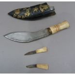 A Nepalese knife with short curved blade, 16.5cm, bone handle, with two small bone handle knives