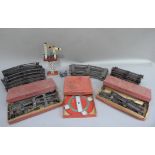 Two Hornby O gauge parallel points, boxed (tatty and town), a quantity of track and No. 1 turntable,