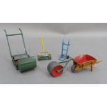 Dinky Meccano diecast garden tools to include mechanical lawn mower with grass collecting box,