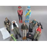 Two modern Action Men and three other similar figures with clothes, Captain Scarlet and Virgil