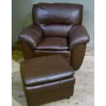 A modern brown leather armchair and matching footstool
