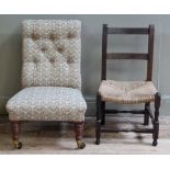 A Victorian nursing chair on turned legs with ceramic casters buttoned upholstery together with a