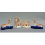 A pair of Staffordshire pottery greyhound inkwells, 12cm high; together with two Victorian