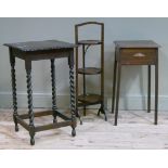 A 1930s work table with lift up lid together with an occasional table of square outline on barley