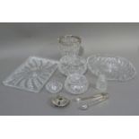 A quantity of cutglass ware including, ice bucket with white metal mount, pair of tongs, and