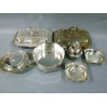 Two silver plated entreé dishes and covers, a muffin dish and cover etc