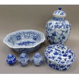 A Chinese blue and white octagonal bowl, a large vase and cover, a bowl with domed cover, pair of