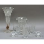 A quantity of cut glass including a set of six tumblers, jug, pair of salts and large vase