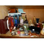Antique reference books, figures, vases, papier mache tray and lidded pots, drawing instruments,