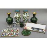 A collection of cloisonne ware including, pair of vases of square tapered outline, a pair of green