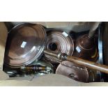 A copper warming pan on turned handle, copper two handled pan with lid, copper posset, copper bed