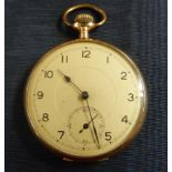 An early 20th century pocket watch in 14ct open faced case No 1243, matte gilt dial with black