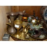 A collection of Benares and other brass ware, animal figures in metal and stone, trays, bowls etc