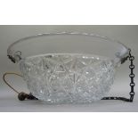 A large cut glass ceiling bowl of hobnail cut, 40.5cm diameter x 15.5cm deep, complete with chains