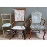 A walnut open armchair of 18th century design, on upholstered rocking chair and stripped bedroom