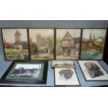 Four continental scenes, colour prints after Marc, black and white photograph of Harrogate, two