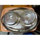 Two plated on copper galleried two handled trays of graduated size together with a pair of silver