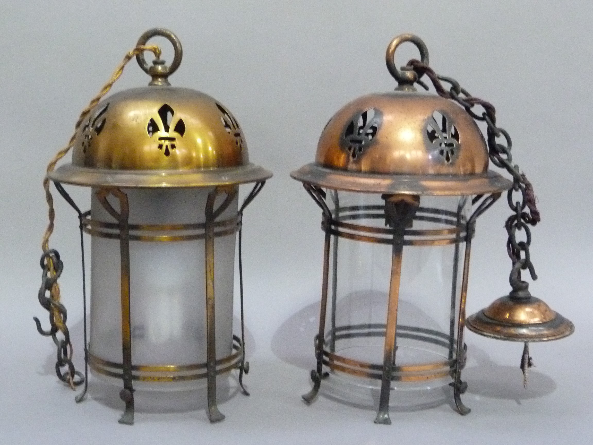 A early 20th century brass and opaque glass hall lantern the domed top with pierced decoration, - Image 2 of 3