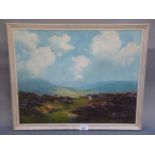 Lewis Creighton, sheep grazing in a moorland landscape, oil on board, signed to lower right, 40cm