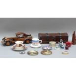 A wooden car ornament, a miniature faux leather and wooden miniature trunk, 35cm wide, decorative