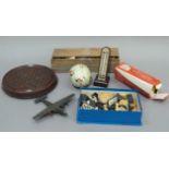 A box of vintage dominoes, drafts, solitaire board, papier mache egg, thermometer, box set of